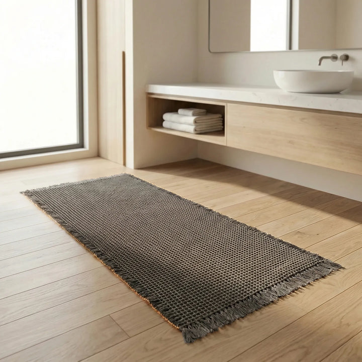 Stylish Flowique waffle textured bath runner mat, non-slip and absorbent, enhancing bathroom safety and decor.