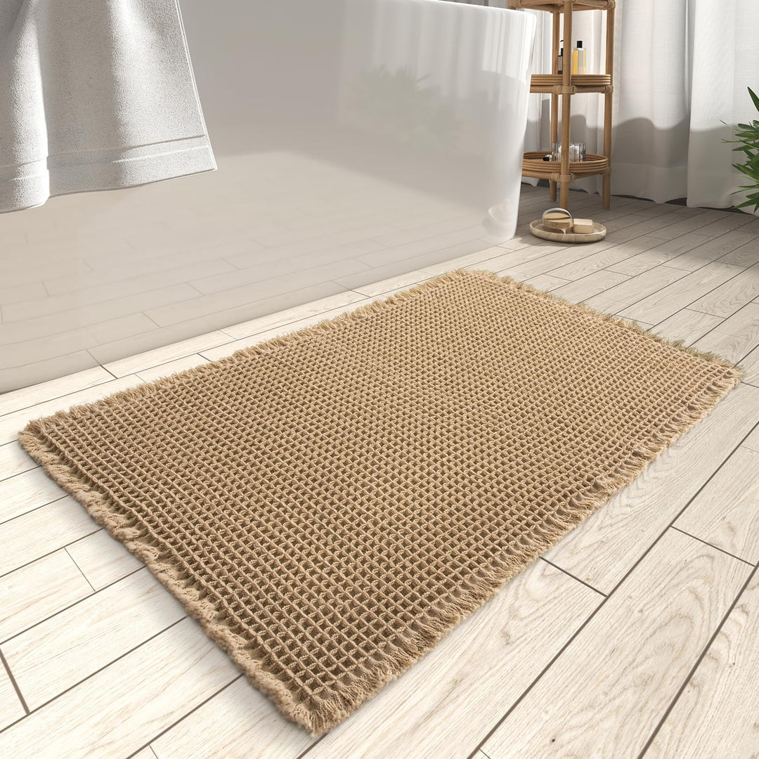 Plush waffle textured non-slip bath runner mat, an absorbent soft rug for ultimate bathroom comfort & floor protection.
