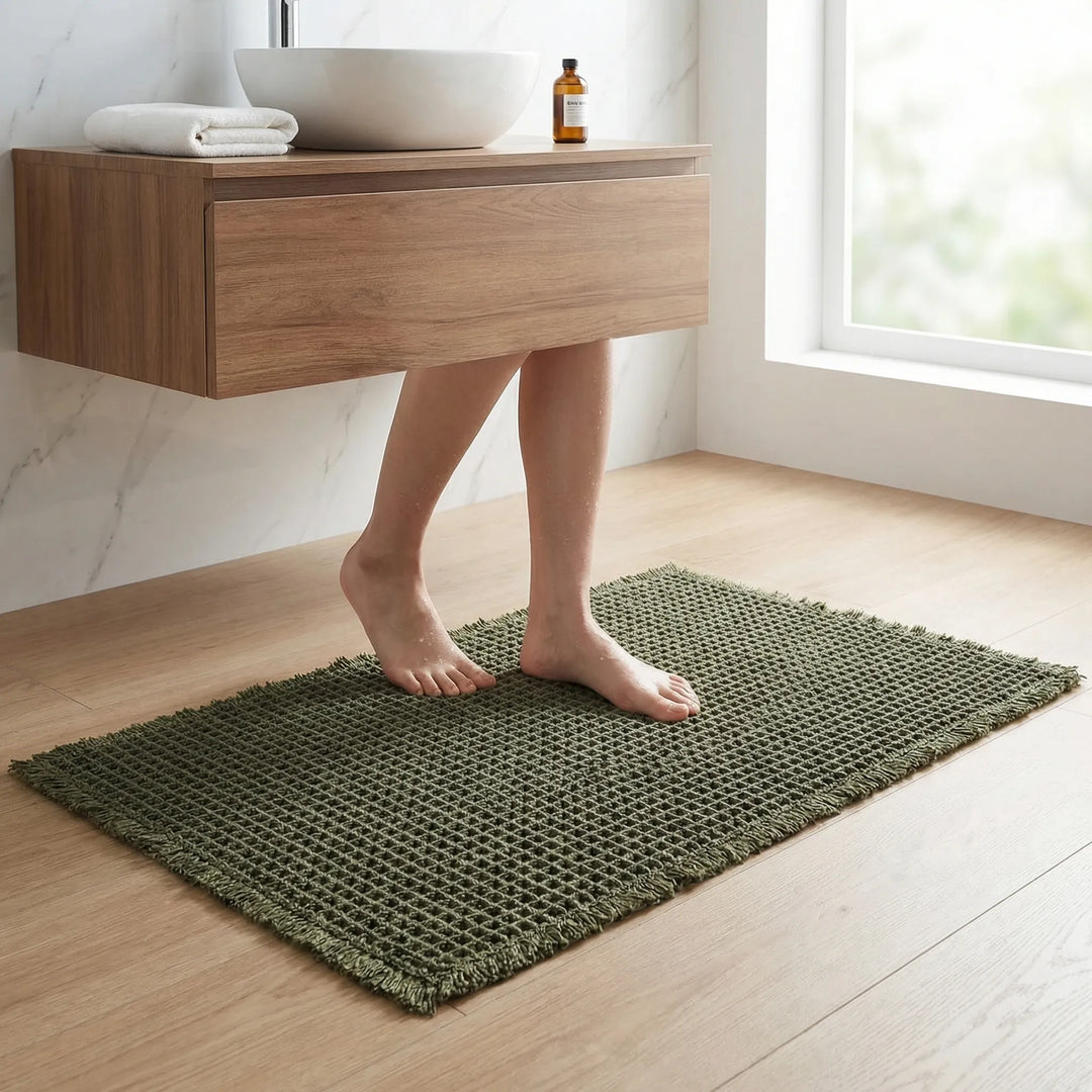Easy care, non-slip waffle textured bath runner mat. Absorbent floor protection for modern home living and decor.