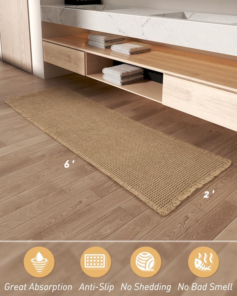 Statement Flowique bath runner with wave texture, non-slip and absorbent. Perfect waffle textured mat for bathroom decor.