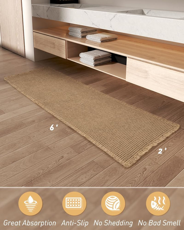 Statement Flowique bath runner with wave texture, non-slip and absorbent. Perfect waffle textured mat for bathroom decor.