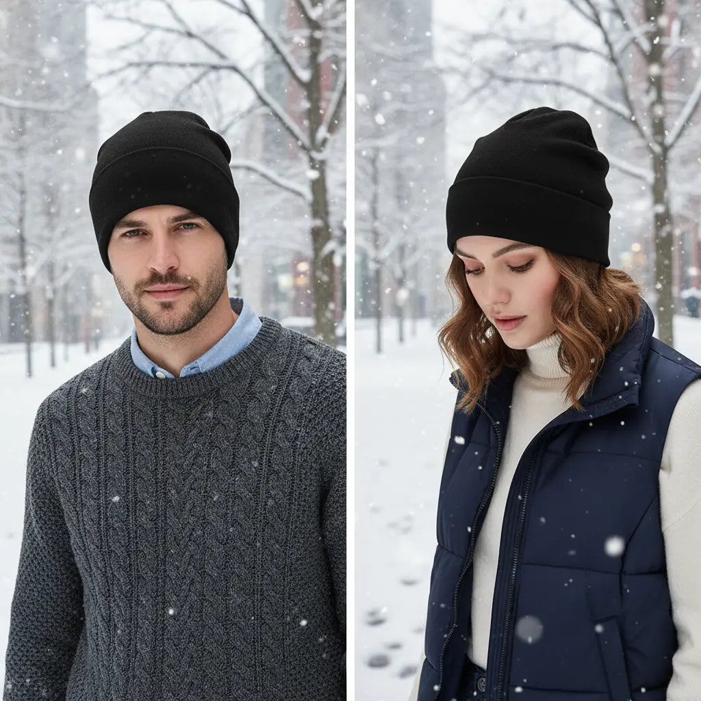 Unisex warm & stylish slouchy beanie hat for cold weather. Cozy knit winter headwear, perfect fashion accessory.