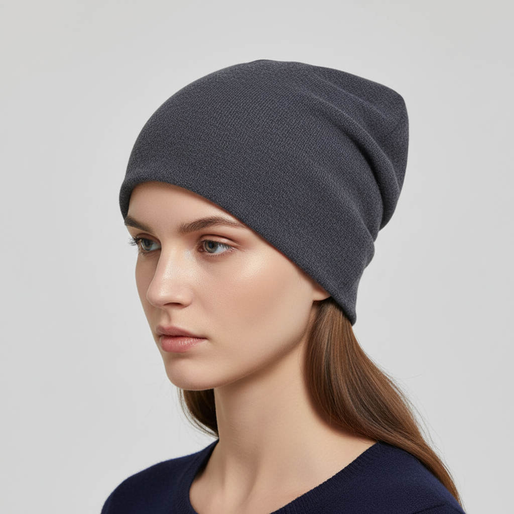 Close-up of a stylish unisex slouchy beanie. Warm knit winter hat, perfect fashion accessory for cold weather comfort.