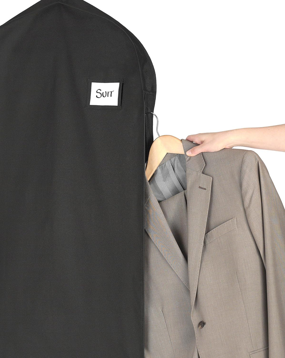 Front view of water-repellent zippered garment bag, showcasing its accessory pocket for travel items.