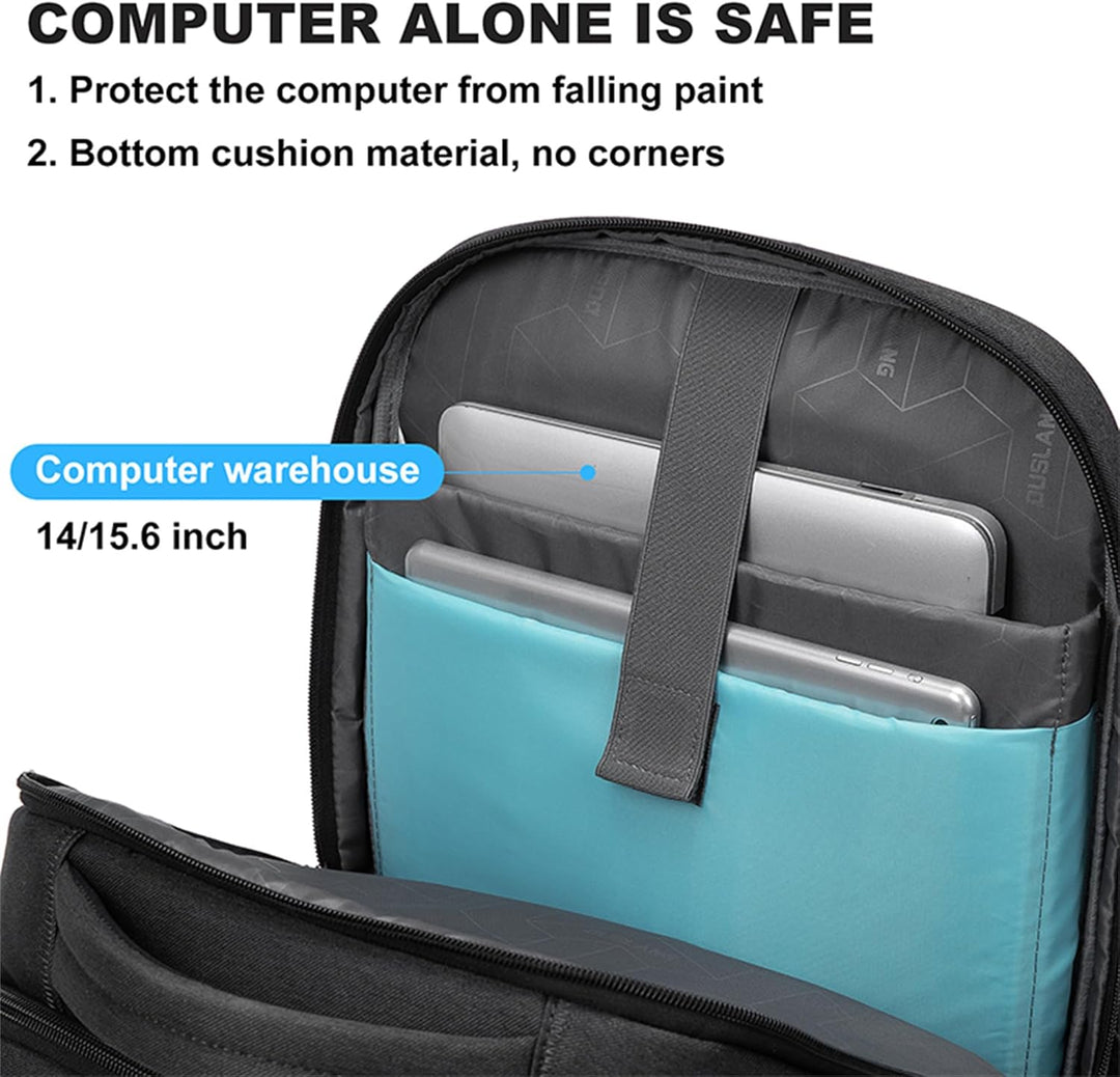 Stylish water-resistant unisex backpack with multiple organized compartments for laptop, travel, work & school.