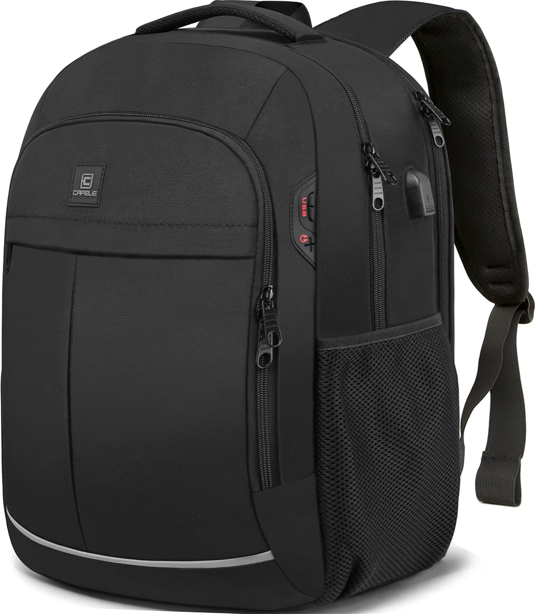 Rugged water-resistant school bag, anti-theft design, USB charging feature for tech.