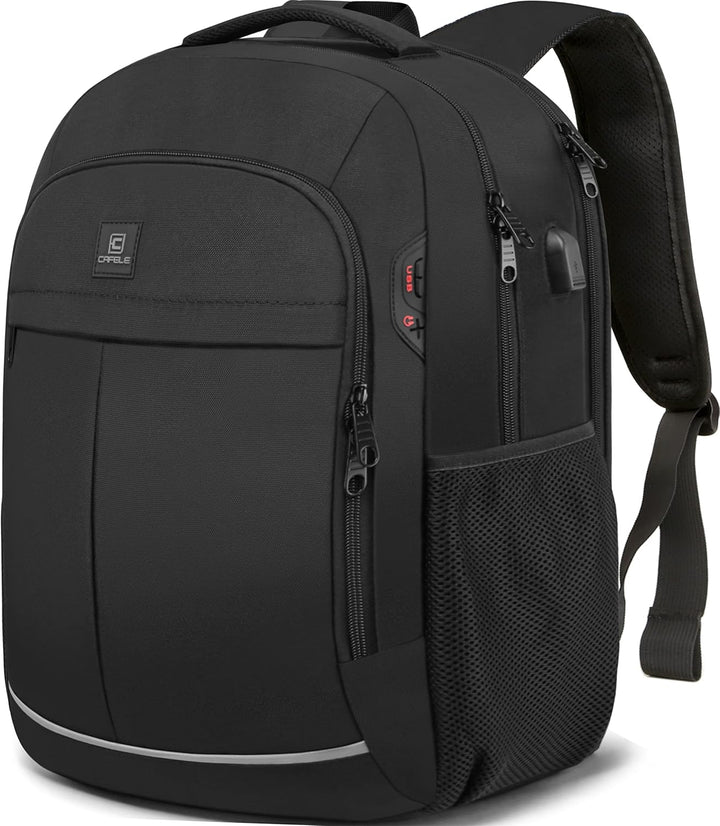 Rugged water-resistant school bag, anti-theft design, USB charging feature for tech.