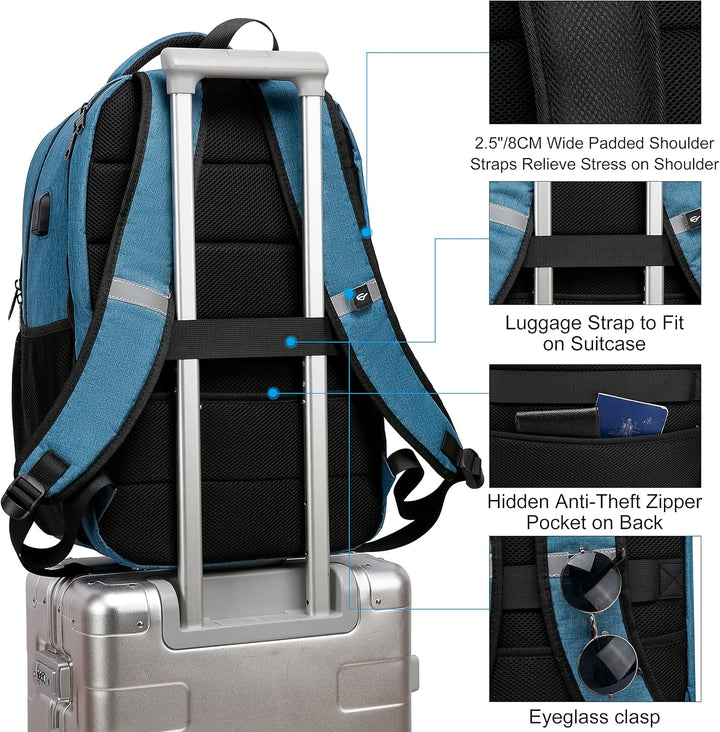 Smart anti-theft laptop backpack, water-resistant fabric, USB charging port & pockets.