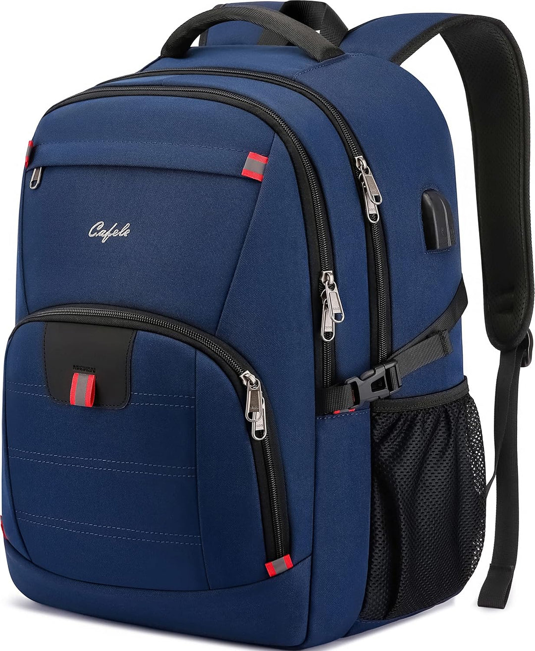 TechPro water-resistant school backpack, anti-theft, includes USB charger for devices.