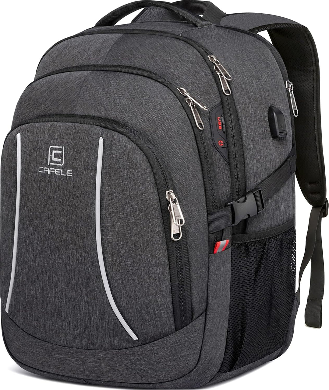 Sleek unisex water-resistant backpack, anti-theft design, integrated USB port.