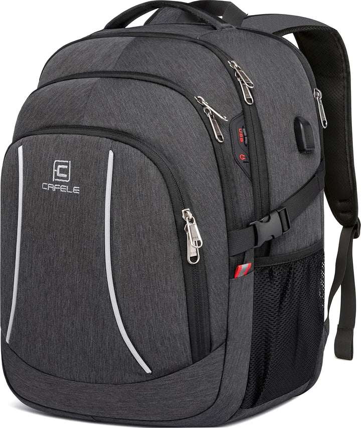 Sleek unisex water-resistant backpack, anti-theft design, integrated USB port.