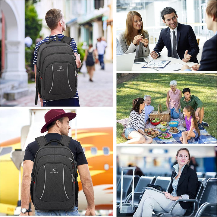 TechPro water-resistant travel backpack, anti-theft, USB charging, RFID protected.
