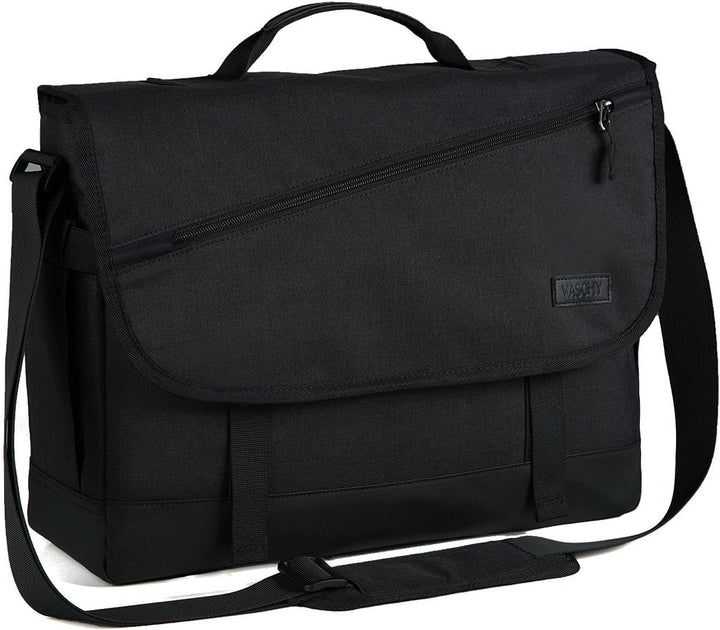 Durable water-resistant laptop messenger bag, ideal for work, travel, or daily commute.