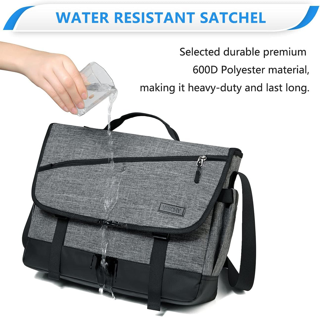 Unisex water-resistant messenger bag with padded laptop compartment & multiple pockets.