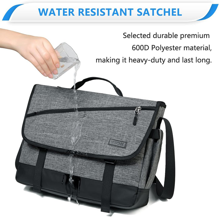 Unisex water-resistant messenger bag with padded laptop compartment & multiple pockets.
