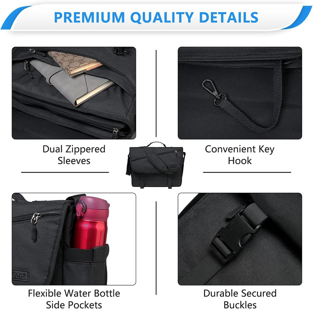 Practical water-resistant laptop messenger bag for daily essentials, featuring an adjustable shoulder strap.