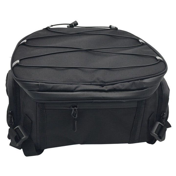 Motorcycle gear bag with multiple compartments, ideal for organized storage of rider accessories & essentials.