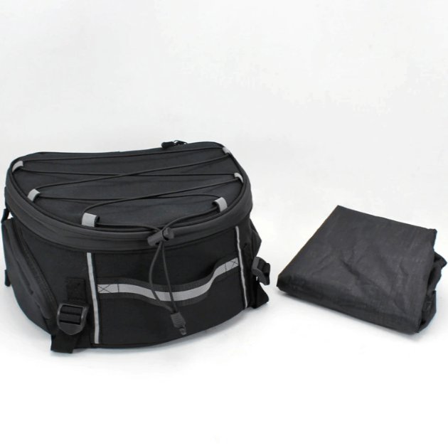 Side view of a black water-resistant motorcycle gear bag, showcasing its durable construction & secure zippers.