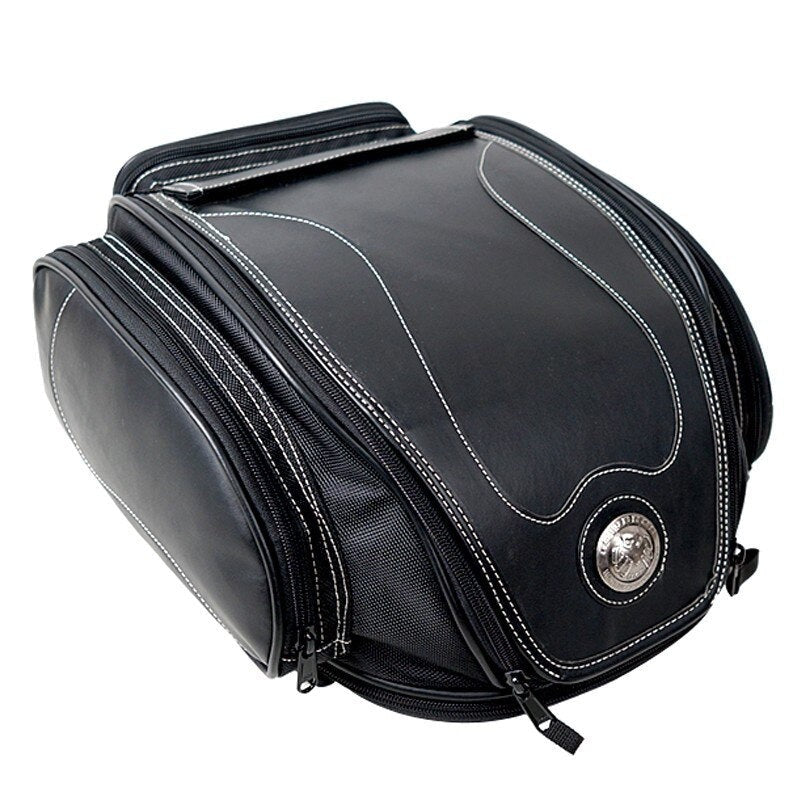 Unisex water-resistant motorcycle tail bag, expandable PU leather for secure bike storage & riding gear.
