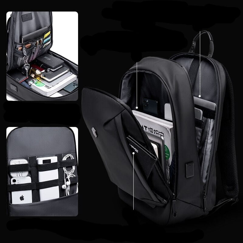 Sleek water-resistant travel daypack with smart compartments, perfect for commuters & weekend trips.