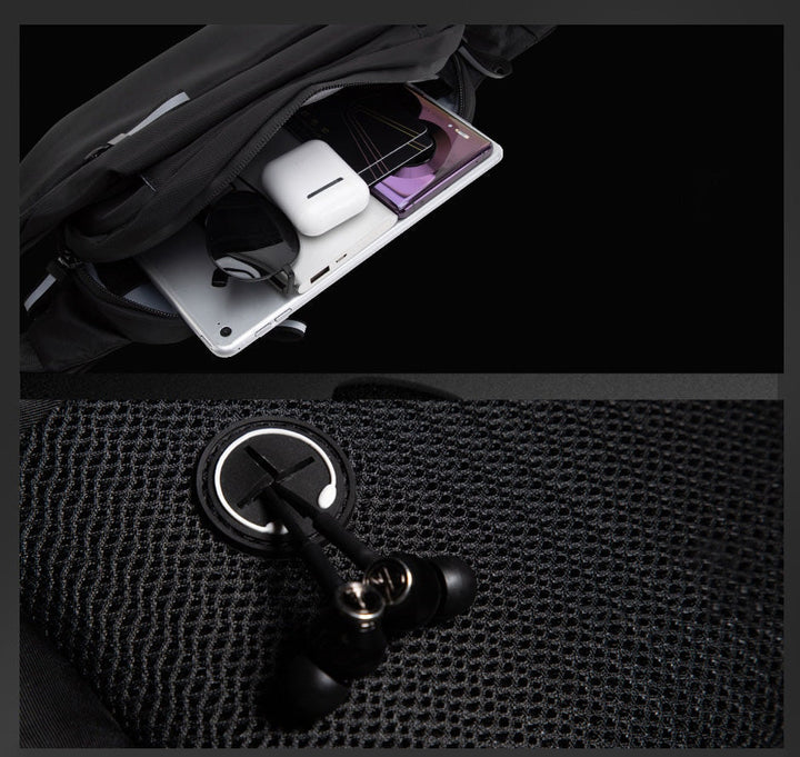 Athlete wearing a black running belt fanny pack. Water-resistant sport bag with multiple pockets for activewear.