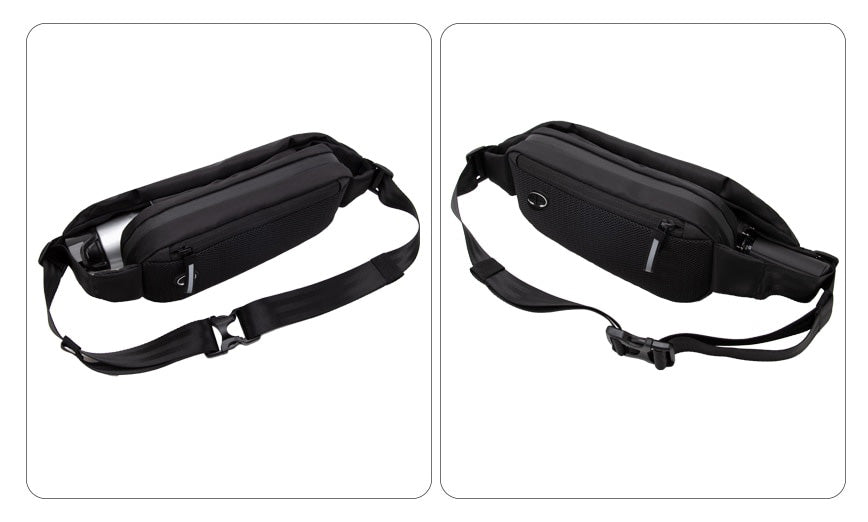 Detail shot of the durable, water-resistant material of a black fanny pack. Perfect for outdoor hiking gear.