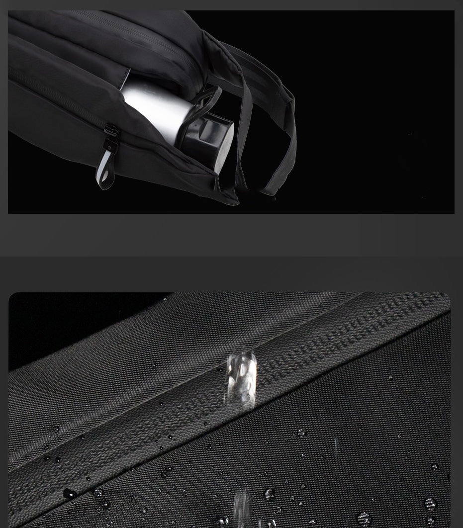 Side view of a water-resistant fanny pack, showcasing its slim profile & multiple zippered pockets for essentials.