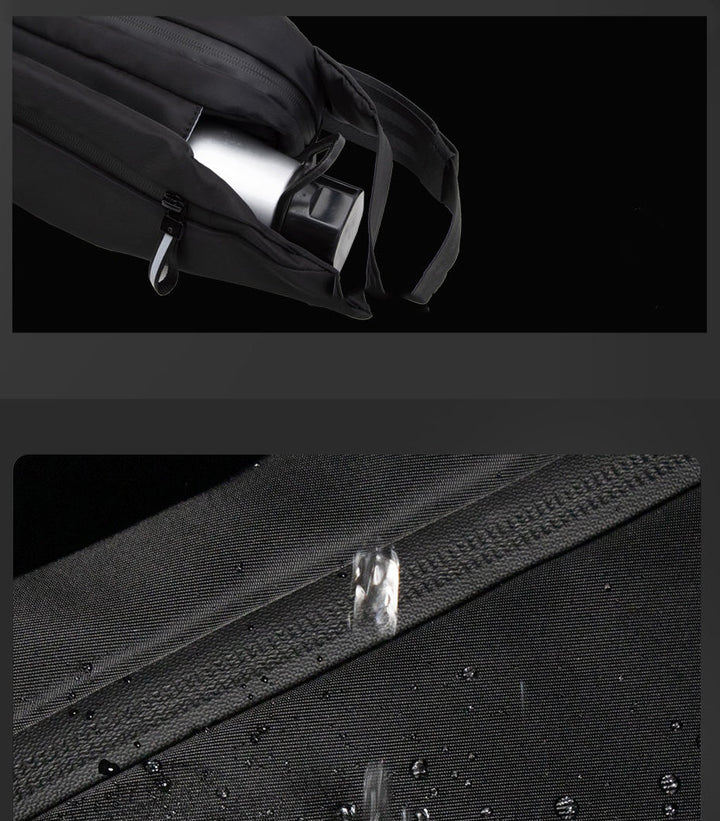 Side view of a water-resistant fanny pack, showcasing its slim profile & multiple zippered pockets for essentials.
