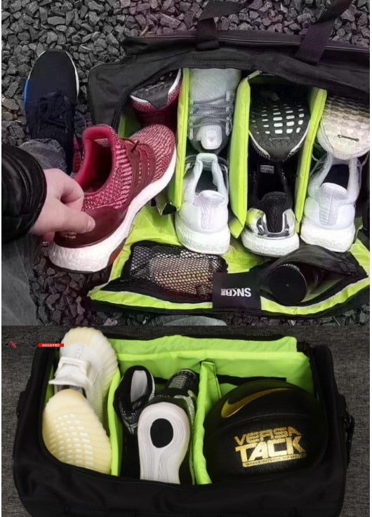 Heavy-duty water-resistant travel duffel bag. Built for sneakers, sports gear & frequent travel. Unisex.
