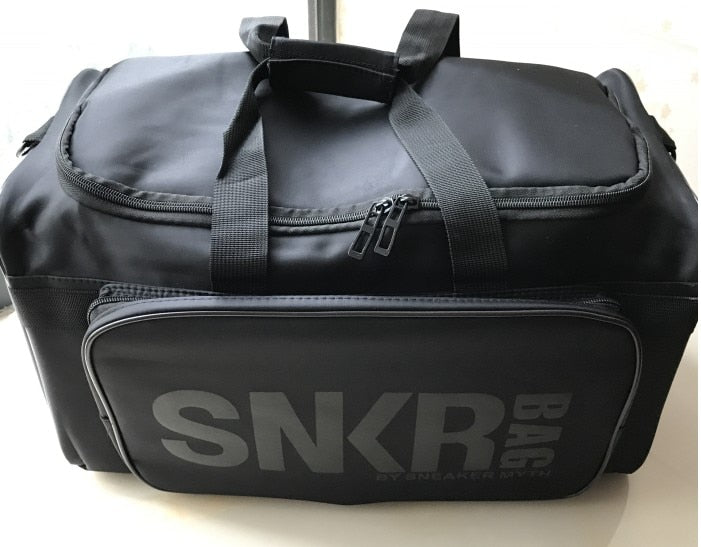 Versatile water-resistant duffel bag for sneakers, gym clothes, travel essentials & sports gear. Unisex.