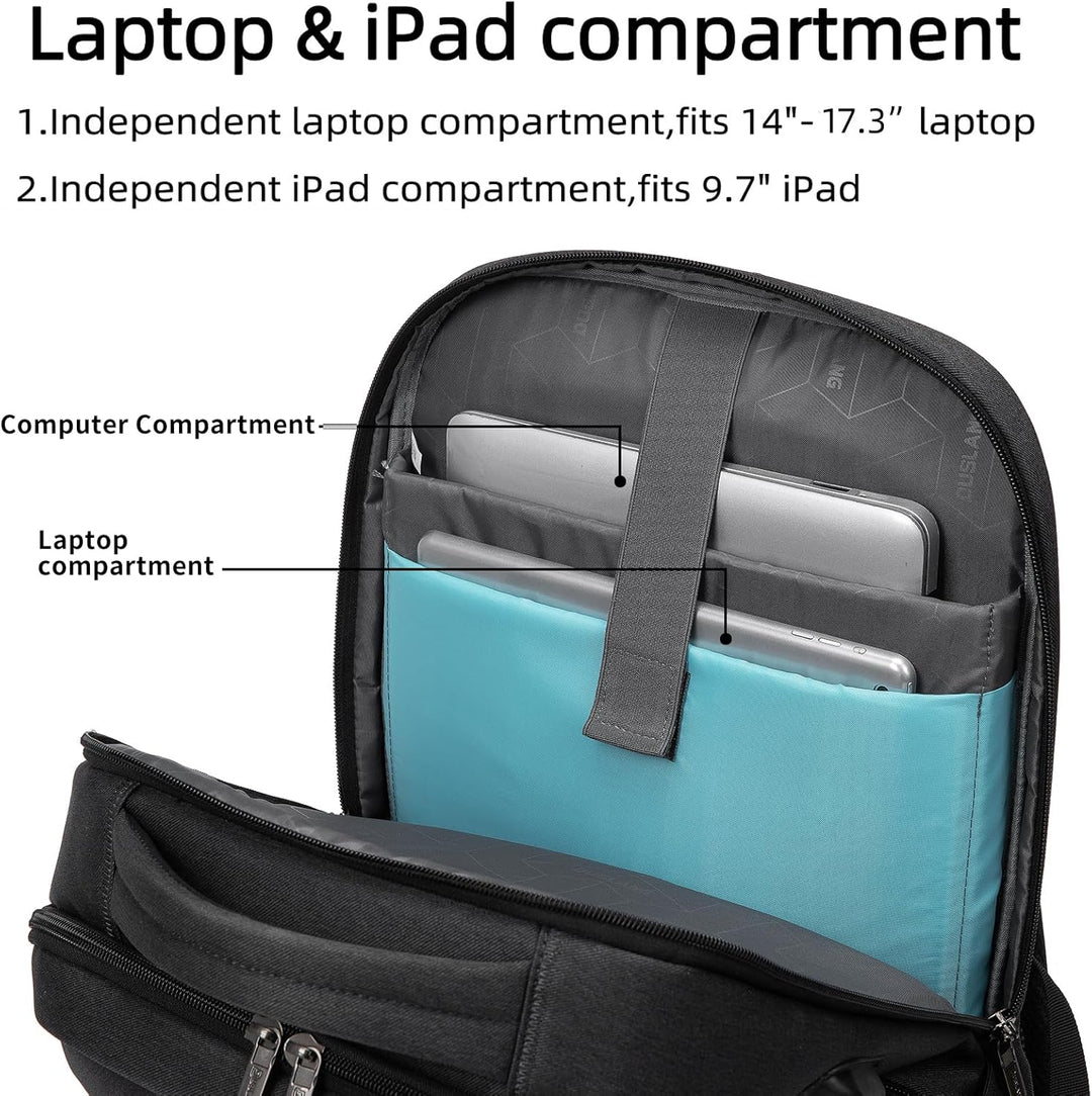 Professional work laptop backpack, water-resistant, with USB charging access.