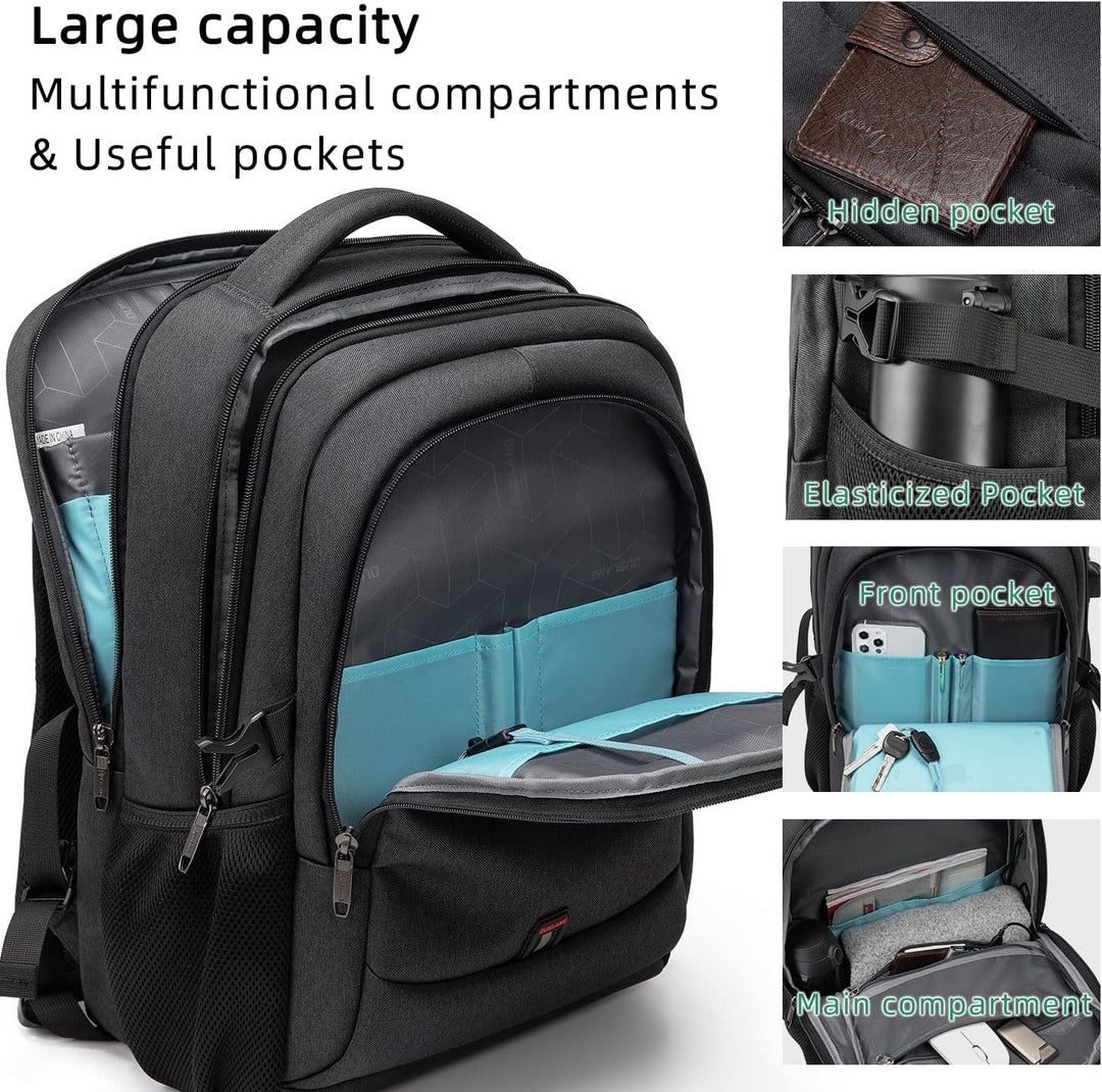 Organized laptop backpack, unisex, with multiple compartments & USB feature.