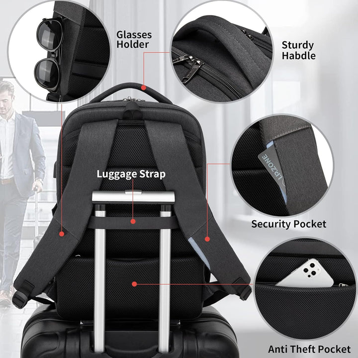 Daily carry USB backpack, water-resistant, ideal for any journey or commute.