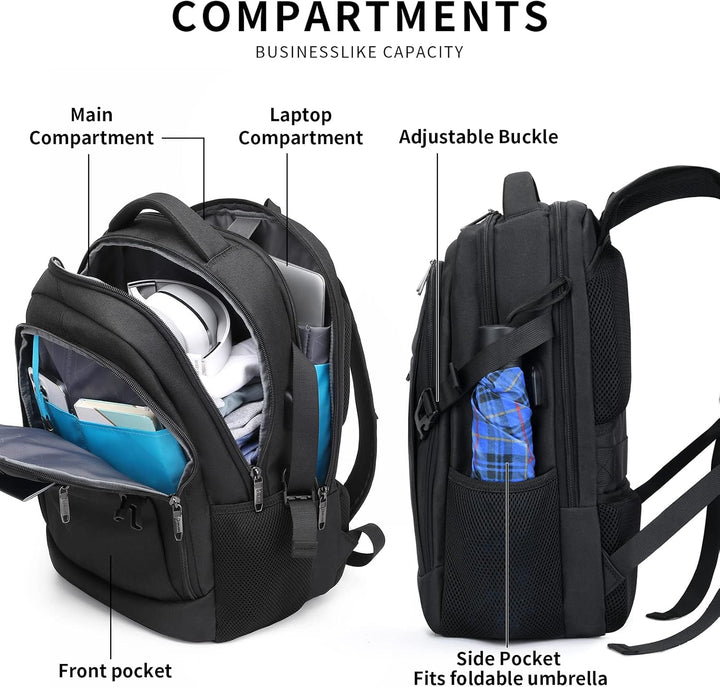 Black anti-theft USB backpack, water-resistant, for secure electronics transport.