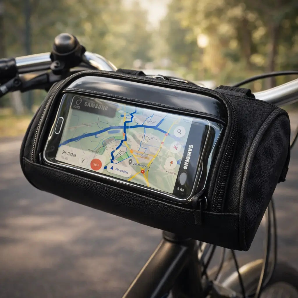 Unisex waterproof bicycle handlebar bag with touchscreen phone holder for easy navigation on rides.