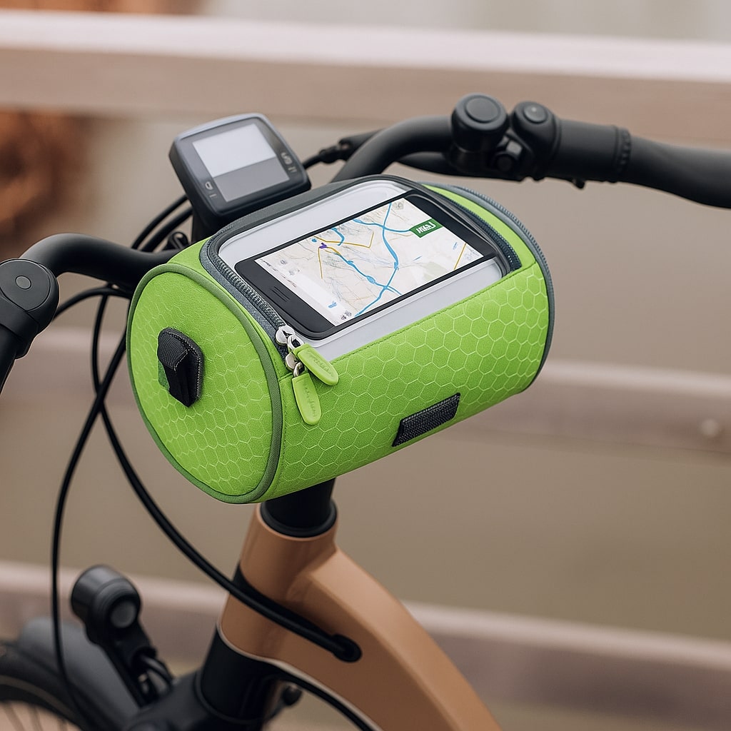 Securely mounted waterproof bike handlebar bag; essential cycling phone holder & storage.