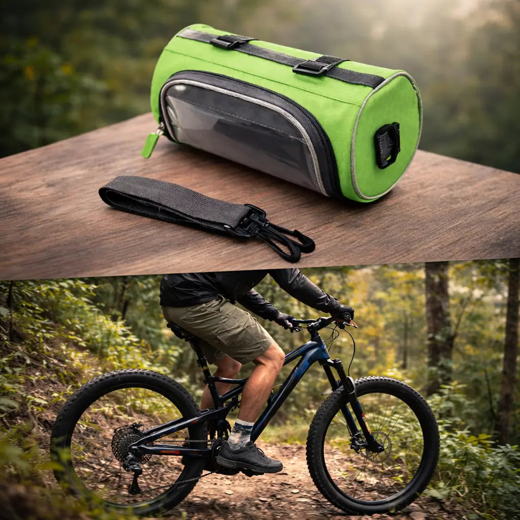 Waterproof bike handlebar bag with clear touchscreen phone pocket, ideal for cycling gear storage.