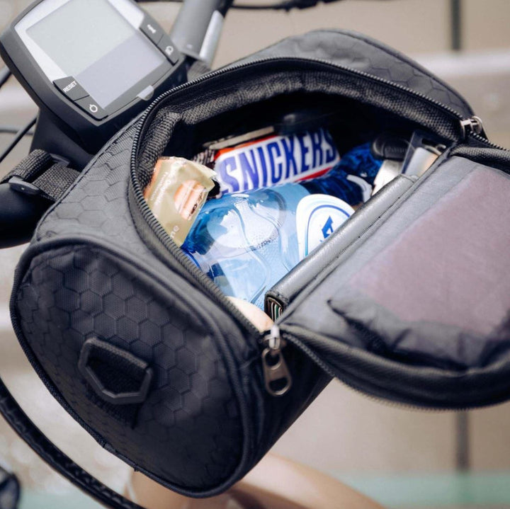 Roomy waterproof bike handlebar bag, ideal for phone, keys & small cycling essentials.