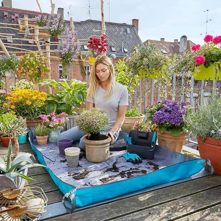 Waterproof gardening mat as a clean workspace for orchid repotting and succulent care