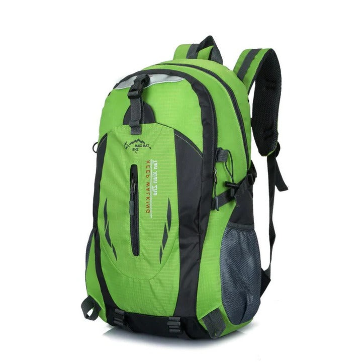Front view of a lightweight unisex waterproof nylon travel backpack with multiple pockets for organized storage.