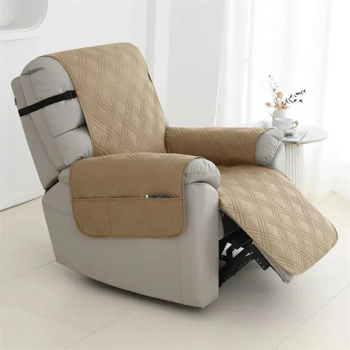 Unisex waterproof quilted recliner slipcover with elastic straps, protecting furniture from spills & pets.