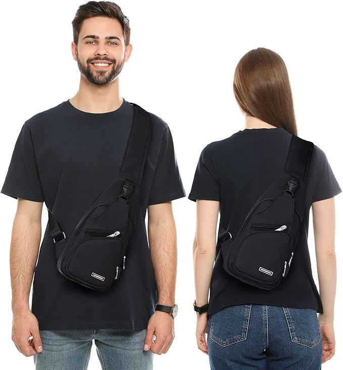 Unisex waterproof sling bag in a forest, essential hiking gear for outdoor adventures & travel.