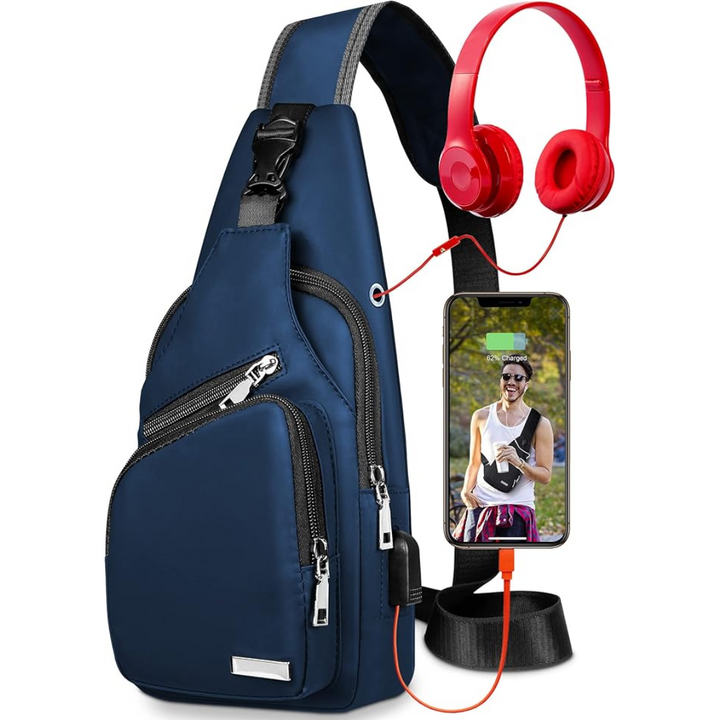 Model hiking with a durable waterproof shoulder bag, showcasing comfortable fit for outdoor gear.