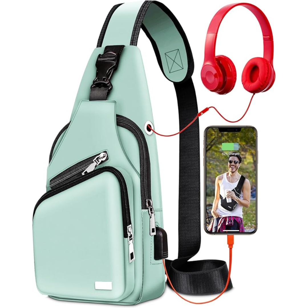 Organized interior of a waterproof sling bag, multiple pockets for daily essentials & travel.