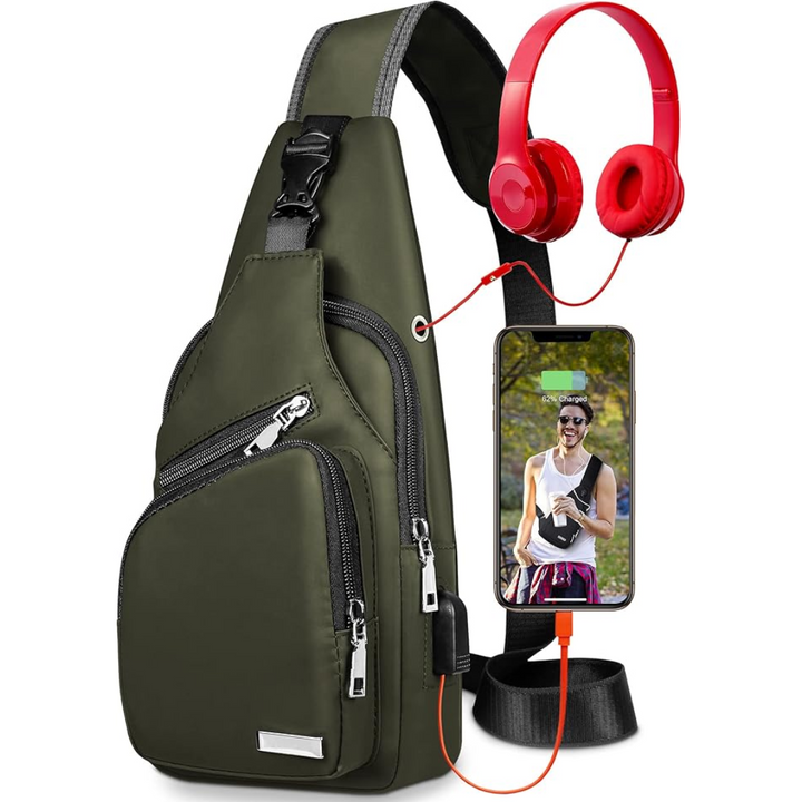 Waterproof zipper detail on a black sling bag, ensuring contents stay dry during travel & hikes.