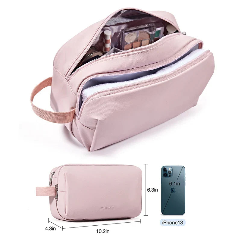 Front view of the versatile unisex toiletry bag, showcasing its sleek and practical design.