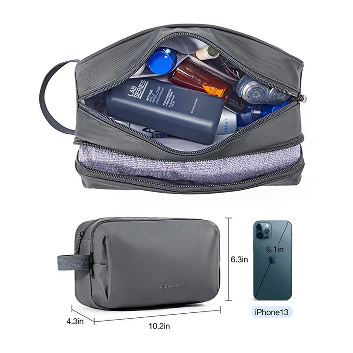 Side profile of the unisex travel accessory bag, highlighting its slim and portable design.