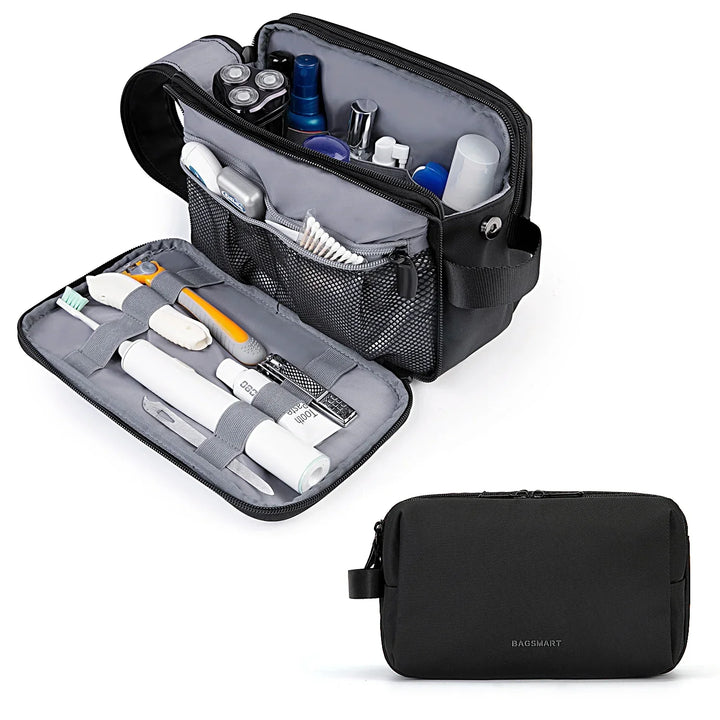 Waterproof travel toiletry organizer, protecting cosmetics & essentials from spills on trips.