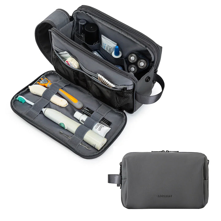 Interior of the lightweight toiletry bag, featuring mesh pockets for easy organization.