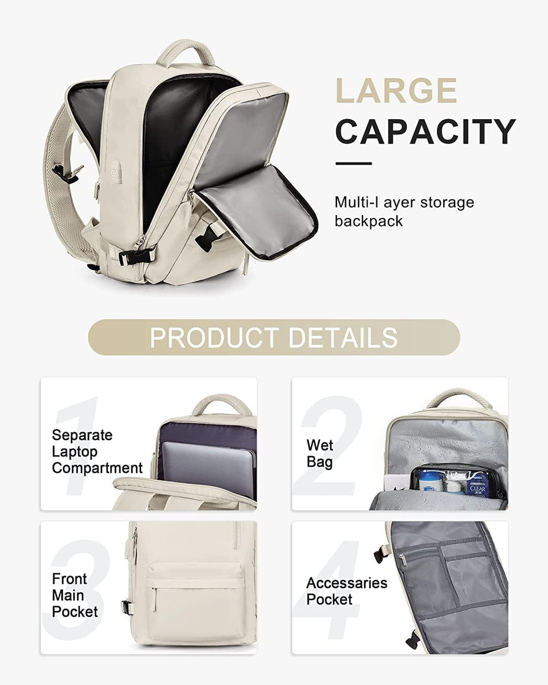 Interior view of an organized waterproof travel backpack showing the 14" laptop sleeve, USB cable, & other pockets.